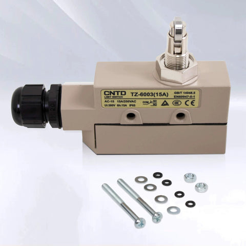 Heavy Duty Micro Switch – Cross Roller Plunger Type Limit Switch for Industrial Machines shown with mounting hardware