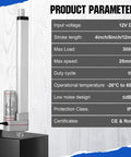 Heavy Duty 12 Inch Linear Actuator 3000N 12V IP65 aluminum housing with specifications, shown on display in a vertical position