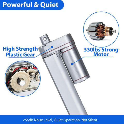 Powerful 12V heavy duty linear actuator with 330 lb motor and plastic gears for outdoor use