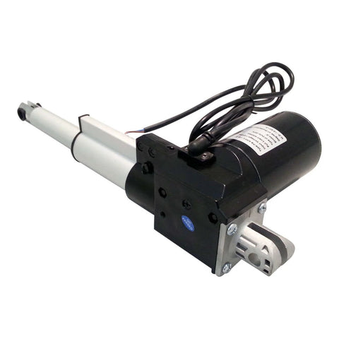 Heavy Duty 400 Lb 12V 30 Inch Rod Actuator With Quiet Linear Motion And Built In Limit Switches IP43 Water Resistant Rugged For Home Shop Garage Automation Industrial Projects And Automotive Applications, with close-up of aluminum shaft.