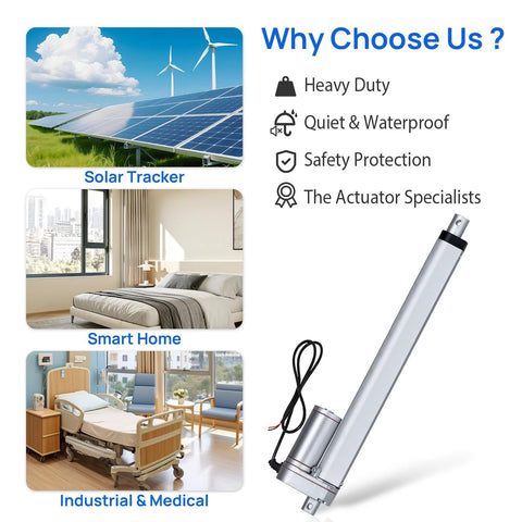 Powerful 12V heavy duty linear actuator for solar trackers, smart homes, industrial and medical use, with IP54 protection.