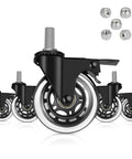 Brake Caster With Three Eighths Inch 16UNC Threaded Stem, Heavy Duty 3 Inch Lockable Bearing Caster With Lock Nuts, Set Of 5