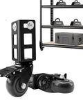 8 Piece Heavy Duty Locking Caster Wheels Set For Storage Racks 3 Inch Wheels With Brakes Fits Boltless Self Locking Shelving Racks 500 Pound Capacity Black Smooth Swivel Action Ball Bearing Wheels For Easy Maneuverability And Durable Warehouse Use showing close-up of wheel and shelving