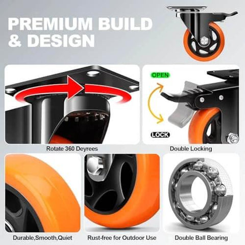 2 Inch Heavy Duty Locking Caster Wheels Set of 4, 360 Degree Swivel Plate Casters with Brake, featuring quiet PU wheels and durable design