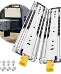 Heavy Duty Drawer Slides With Lock Full Extension Ball Bearing Rails 500 Lb Load Capacity Side Mount 1 Pair; close-up and installed view