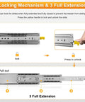 Diagram of heavy duty drawer slides with lock full extension ball bearing rails, showing locking mechanism and full extension details.