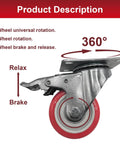 8 piece 4 inch heavy duty locking swivel casters with brakes, side view showing 360° wheel rotation and brake feature.