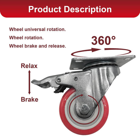 8 piece 4 inch heavy duty locking swivel casters with brakes, side view showing 360° wheel rotation and brake feature.