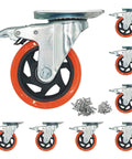 8 piece 4 inch heavy duty locking swivel casters with brake, designed for furniture and carts with a 2200 lb load capacity, close-up view.