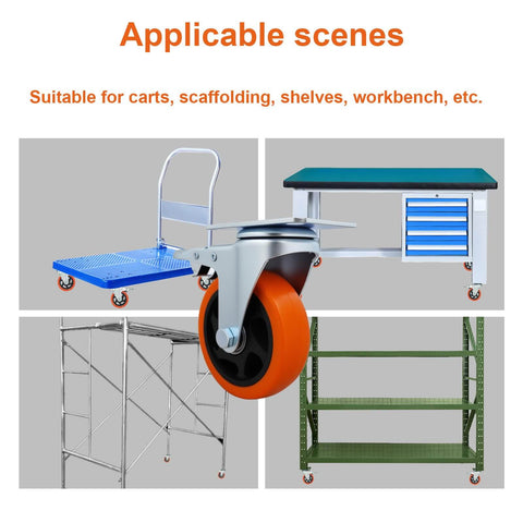 6 piece 4 inch heavy duty locking swivel casters with brake, designed for furniture and carts with a 3300 lb load capacity, showcased on various equipment.