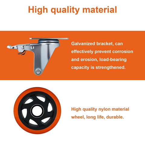 Close-up of a galvanized bracket and nylon wheel from the 6 piece 4 inch heavy duty locking swivel casters with brake, designed for furniture and carts with a 3300 lb load capacity.