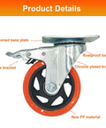 8 piece 4 inch heavy duty locking swivel casters with brake side view showcasing thickened base plate and rustproof bearing.