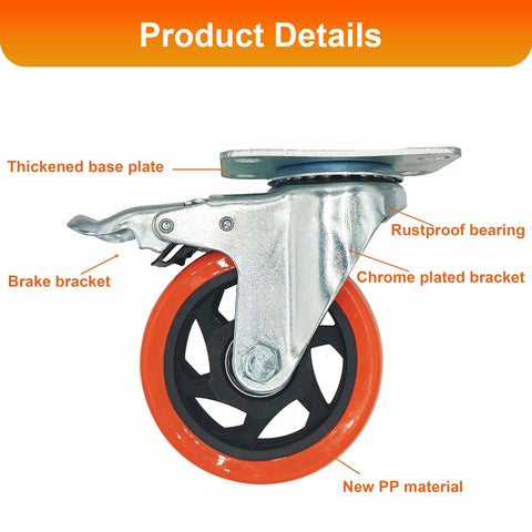 8 piece 4 inch heavy duty locking swivel casters with brake side view showcasing thickened base plate and rustproof bearing.