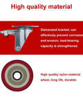 Close-up of galvanized bracket and nylon wheel from 6 piece 4 inch heavy duty locking swivel casters with brakes, set designed for carts and workbenches with 3300 lb load capacity.