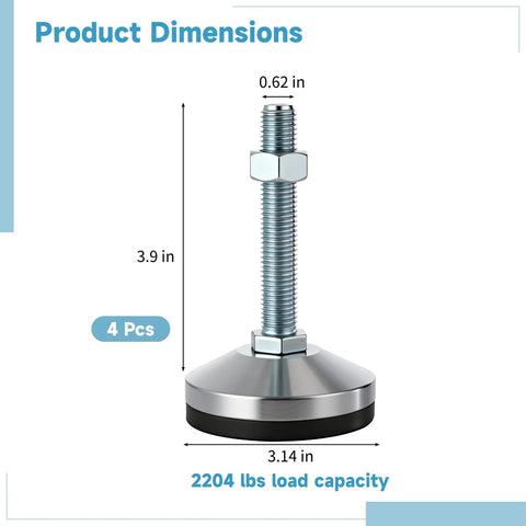 Heavy Duty M16 Thread Adjustable Leveling Feet With 3.14 Inch Anti Vibration Rubber Base dimensions illustration.