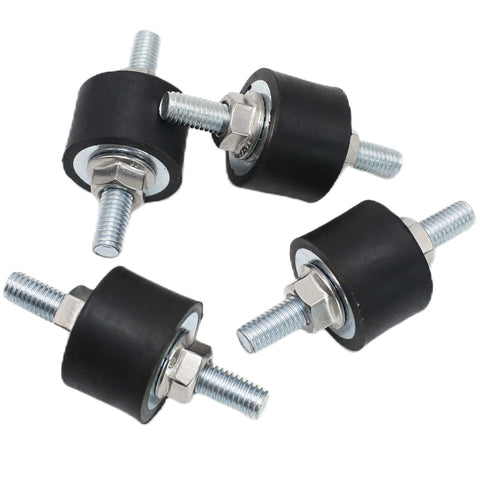 Beefed Up Heavy Duty M8 Rubber Isolator Mounts for Anti Vibration Dampening of air compressors, 4 cylindrical mounts with lock nuts visible