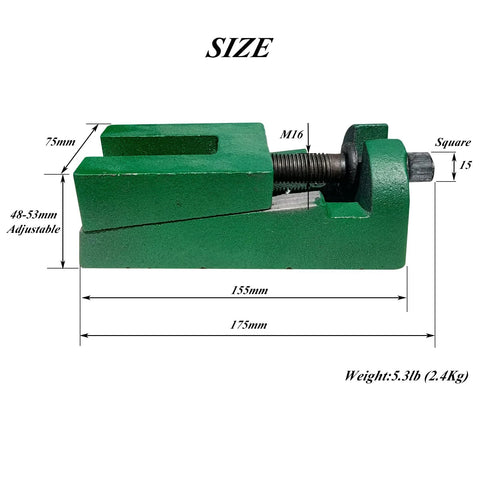 Side view of a green adjustable cast-iron leveling pad with wedge design, size details labeled, part of the Beefy Heavy Duty Machine Leveling Pads For Industrial Equipment Adjustable Iron Pads With Wedge Design 2 Sets Included Each Pad Supports Up To 4400 Lb 2000 Kg Suitable For Heavy Machinery Durable Machine Feet For Stable Setup.
