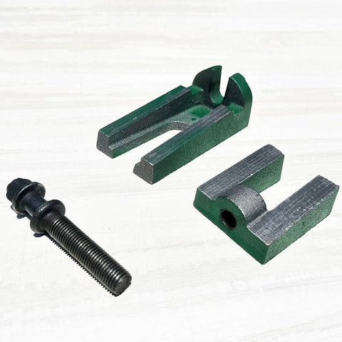 Beefy Heavy Duty Machine Leveling Pads For Industrial Equipment showing two wedge design iron pads and bolt, supports 4400 lb per pad.