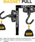 Diagram showing Black Magnetic Hooks, 170 LB Heavy Duty Strong Magnets vertical and horizontal pull capacity with weights and arrows.
