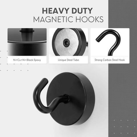Close-up of heavy-duty magnetic hooks showing Ni+Cu+Ni+black epoxy finish and strong carbon steel hook with unique steel tube.