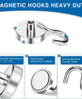 Magnetic hooks heavy duty with neodymium magnet, nickel coating, and bearing hook shown in detailed diagram with labels.