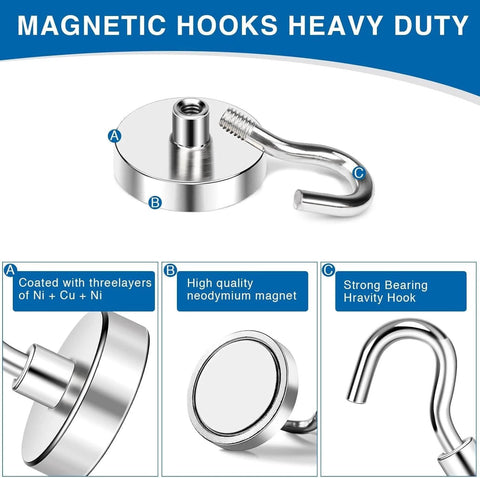 Magnetic hooks heavy duty with neodymium magnet, nickel coating, and bearing hook shown in detailed diagram with labels.