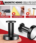 Close-up of black magnetic hooks labeled heavy duty with no drilling, no sticky residue, and tool-free installation icons.