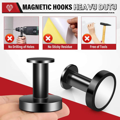 Close-up of black magnetic hooks labeled heavy duty with no drilling, no sticky residue, and tool-free installation icons.