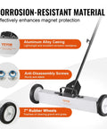 Effortless, heavy duty rolling magnetic sweeper with a 24 inch wide magnet, alloy casing, and rubber wheels on display with handle.