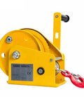 Yellow hand winch with wheel, red hook, and steel wire rope, 1200 lb capacity, front view.
