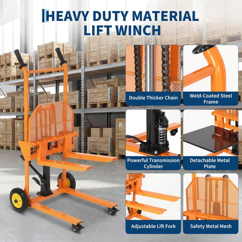 450 Lbs Hydraulic Material Lift Dolly With Adjustable Forks And Removable Platform Manual Fork Winch Stacker For Pallets