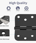 Image showing details of a 12 Pack 4 Inch Matte Black Exterior Door Hinges With Five Eighths Radius And Square Corners, emphasizing heavy-duty and anti-rust features.