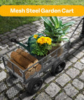 Heavy Duty Mesh Steel Garden Cart with 880 lb Capacity Folding Utility Wagon loaded with plants and logs on cobblestone path.