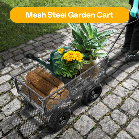 Heavy Duty Mesh Steel Garden Cart with 880 lb Capacity Folding Utility Wagon loaded with plants and logs on cobblestone path.