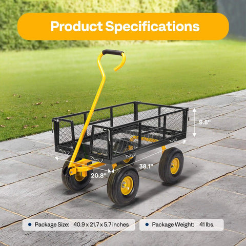 Heavy Duty Mesh Steel Garden Cart with 880 lb capacity folding utility wagon, showing package specifications on pavement.