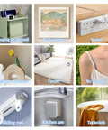 Collage of heavy duty double sided tape uses: wall painting, socket, carpet, no slip-ups, tabletop, kitchen use.