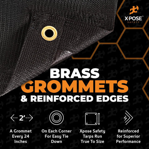 Close-up of Heavy Duty Mesh Tarp 40x40 Feet Black Protective Cover with brass grommets and reinforced edges for tie downs and durability.