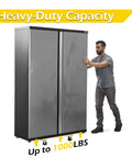 Person moving a metallic storage cabinet labeled 'Heavy-Duty Capacity Up to 1000LBS' on wheels.
