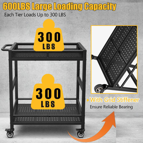 Heavy Duty Service Cart On Wheels With 2-Tier Metal Rolling Utility Cart Fences For Garage Garden Warehouse Tool