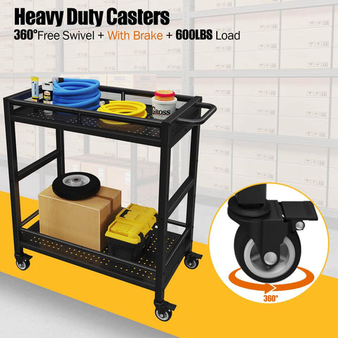 Heavy Duty Service Cart On Wheels With 2-Tier Metal Rolling Utility Cart Fences For Garage Garden Warehouse Tool House Basement 360° Swivel Casters Ergonomic Handle Thick Frame Ultra Sturdy For Heavy Loads