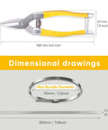 Dimensional drawings of heavy duty metal zip ties with cutter for outdoor use, UV resistant stainless steel, 11.8 inch length