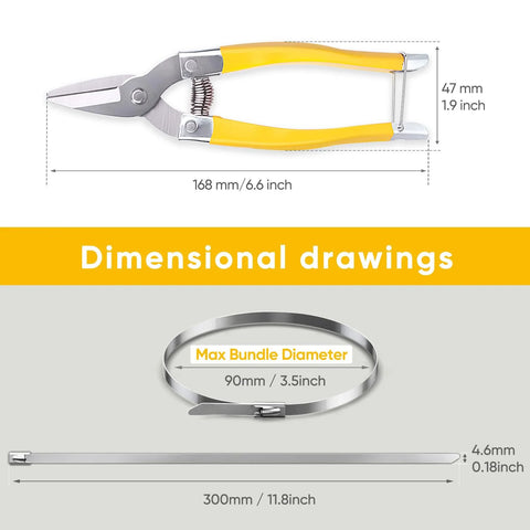 Dimensional drawings of heavy duty metal zip ties with cutter for outdoor use, UV resistant stainless steel, 11.8 inch length