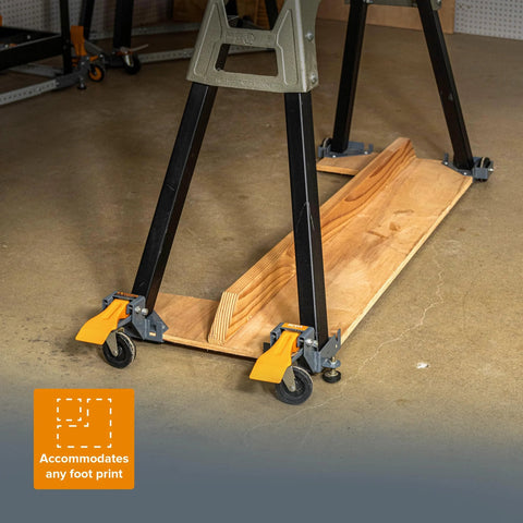 Mobile Base Kit PM-1100 For Heavy Equipment And Tools Adjustable Rolling Dolly Frame With Casters shown installed on floor