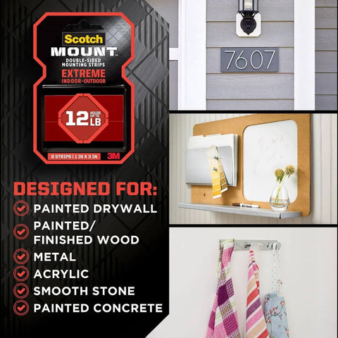 Extreme Mounting Strips Double Sided Heavy Duty Tape 16 Pack 1 In By 3 In Indoor Outdoor Black Industrial Strength Adhesive Holds Up To 12 Lbs With Eight Strips Great For Walls Decor Cables And More displayed with usage examples on different surfaces.