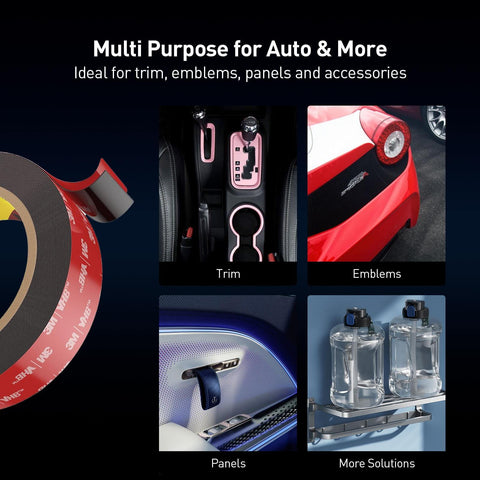 Heavy Duty Double Sided Mounting Tape 0.24 Inch By 15.4 Feet Waterproof Foam Adhesive For Automotive Interior Exterior Use And Home Office Decor Designed For A Strong Bond On Metal Glass Plastic Tile And More shown in various automotive applications.