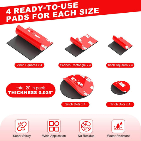 Heavy Duty Double Sided Mounting Tape Kit With 20 Adhesive Pads In 1 Inch And 2 Inch Squares, Dots, And Rectangles