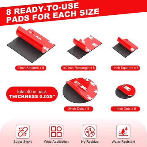 Heavy Duty Double Sided Mounting Tape 40 Piece Pack With Waterproof Adhesive Pads In One Inch And Two Inch Squares Dots And Rectangles