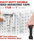 Heavy Duty Double Sided Mounting Tape 0.39 Inch VHB 5925 holding tools on a pegboard, showcasing industrial strength bond.