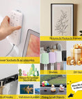 Collage featuring various home and office items including power sockets, decorative frames, shelves, gifts, and wall hooks.