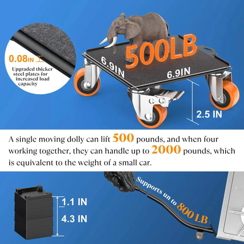 2000 lb heavy duty furniture movers with wheels, showing reinforced steel plate and elephant model to illustrate weight capacity.